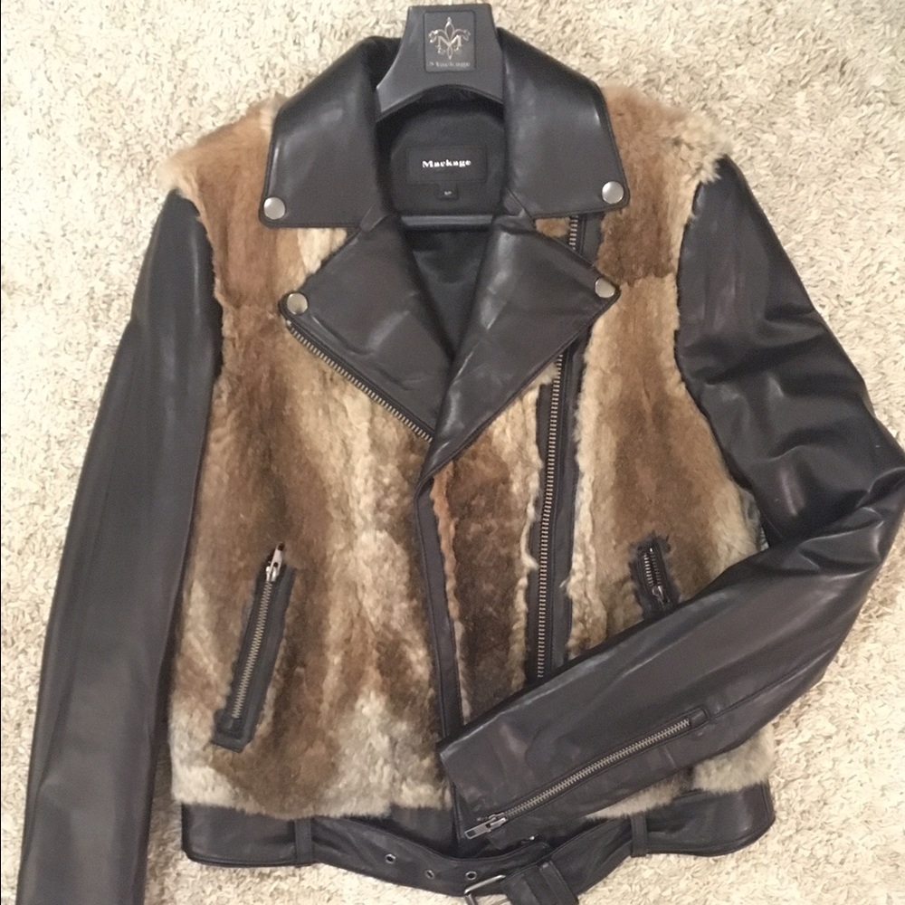 Mackage Tamika Natural Rabbit Fur Leather Biker Jacket